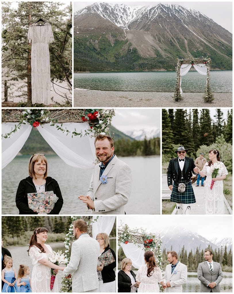 A series of photos that include destination small wedding details; dress + decor, small wedding ceremony; like the bride walking down the isle and the bride and groom in front of Kathleen Lake, Yukon