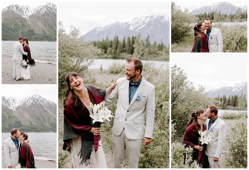 A series of photos of the bride and groom after their small destination wedding. You can see the mountains in the background at Kluane National Park, Yukon.