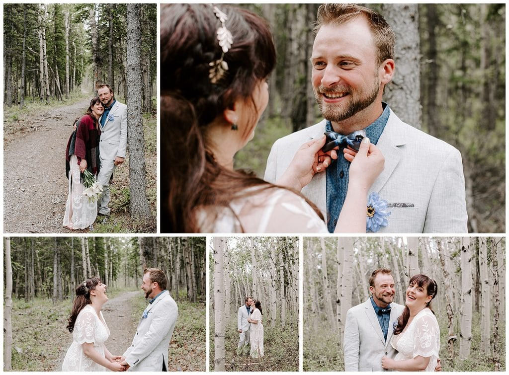 A series of photos of the bride and groom. The couple is in the forest trails at Kluane National Park, Yukon.