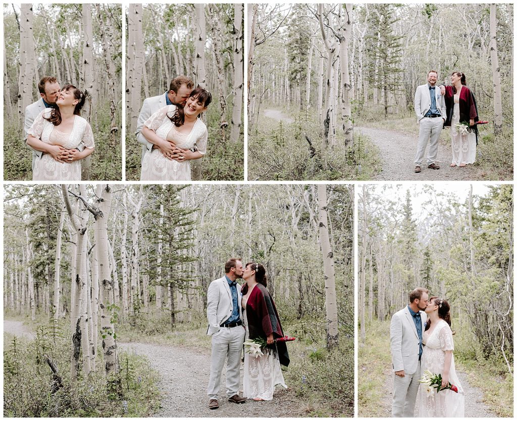 A series of photos of the bride and groom, the couple is laughing and kissing. The couple is in the forest trails at Kluane National Park, Yukon.