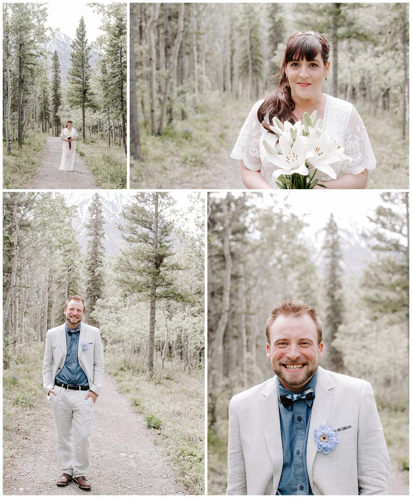 A series of photos that include individual photos of the bride and groom in the forest trails at Kluane National Park.