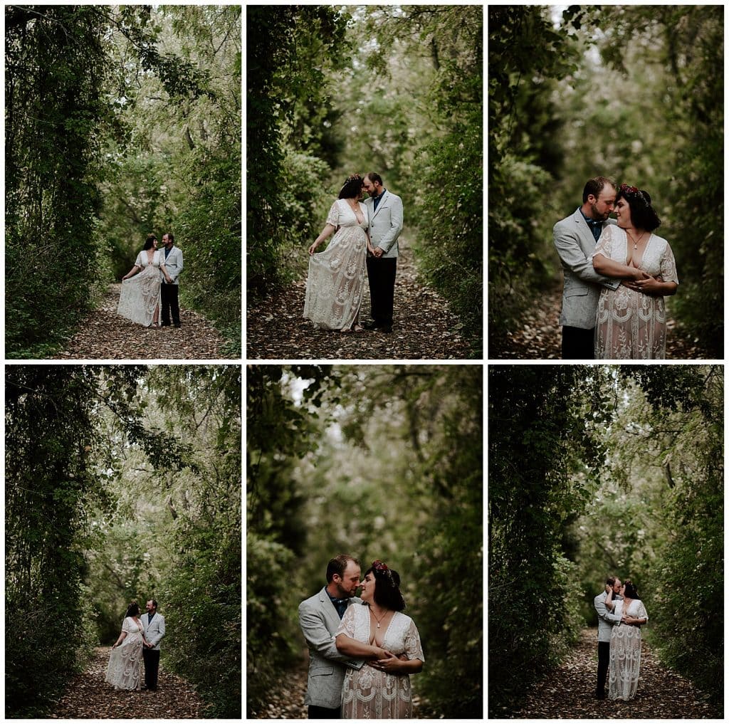 Bridal Day After Sessions couple in the woods holding each other