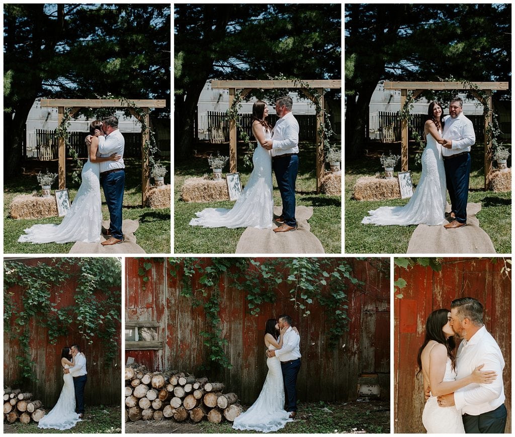 couples first kiss and wedding photos