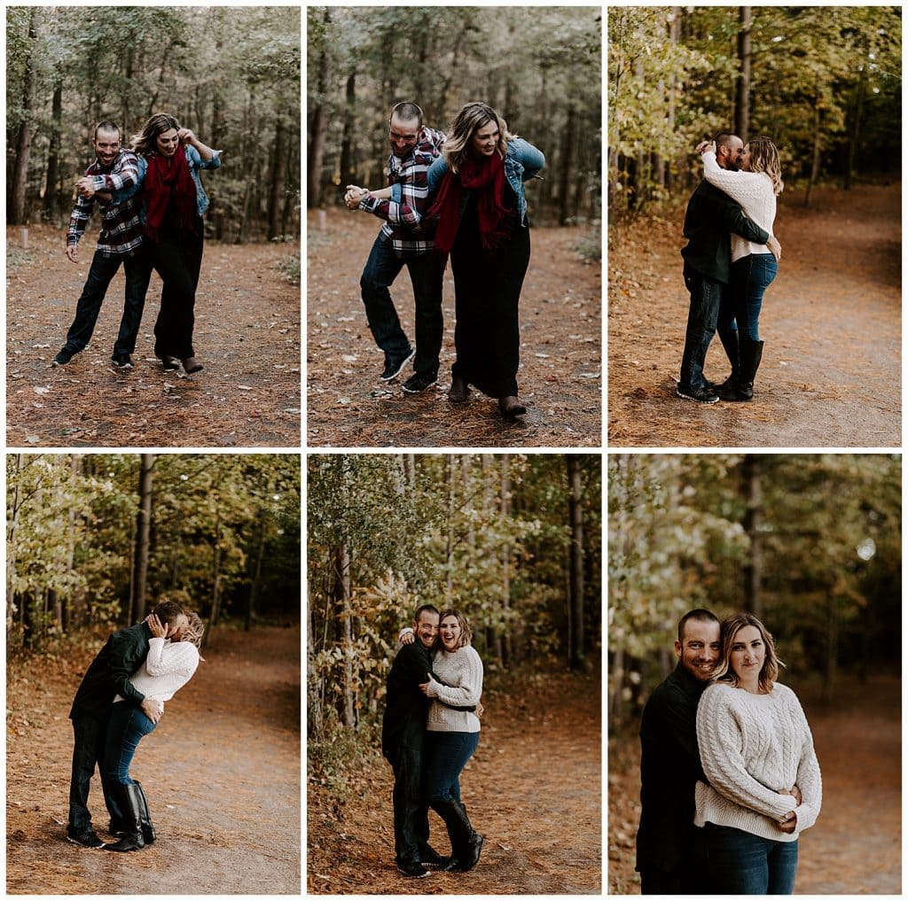 Kitchener Waterloo Engagement Session that involves a couple goofing off and kissing