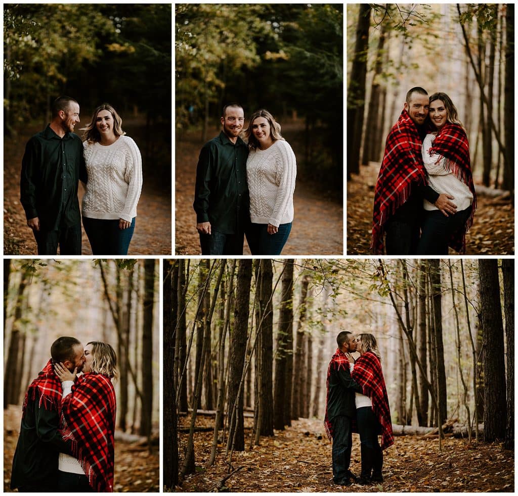 A series of photos of a couple in the woods during fall