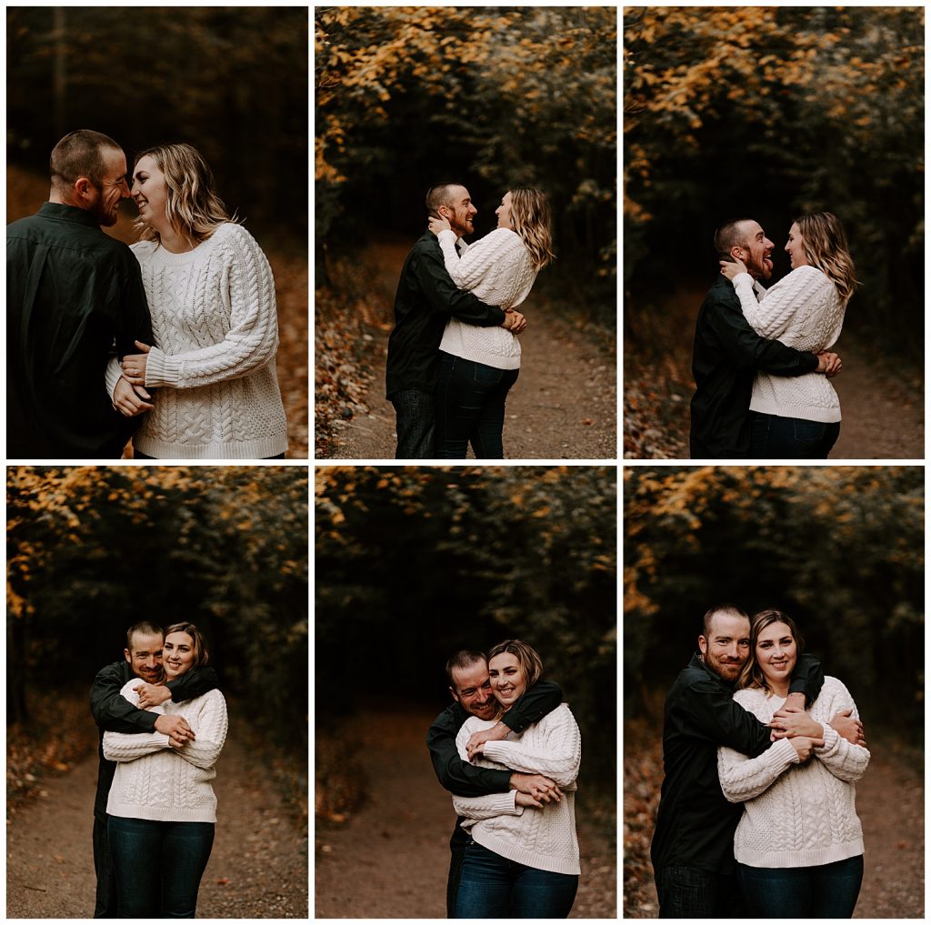 A couple kissing and cuddling during a Kitchener Waterloo Engagement Session