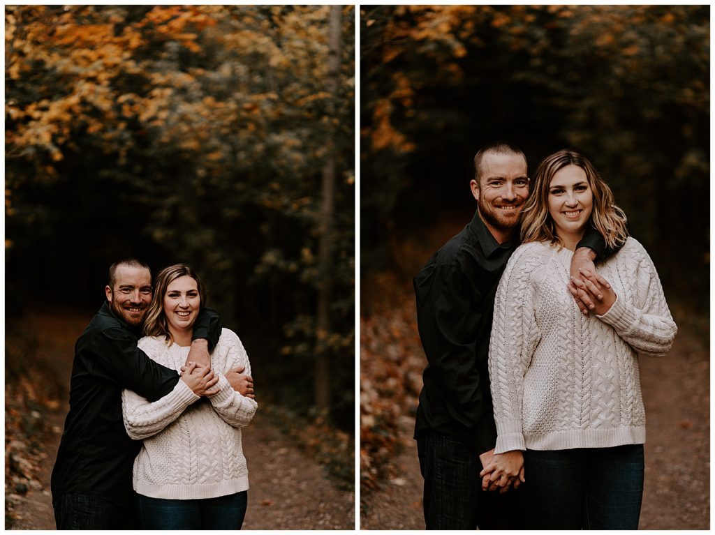 Photos of a couple cuddling and smiling in the woods.